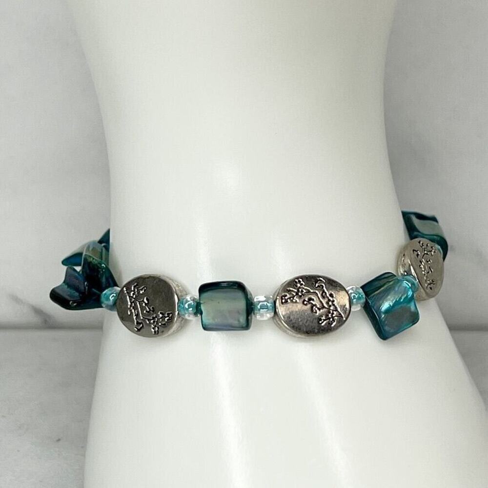Silver Tone Floral Blue Shell Beaded Toggle Bracelet